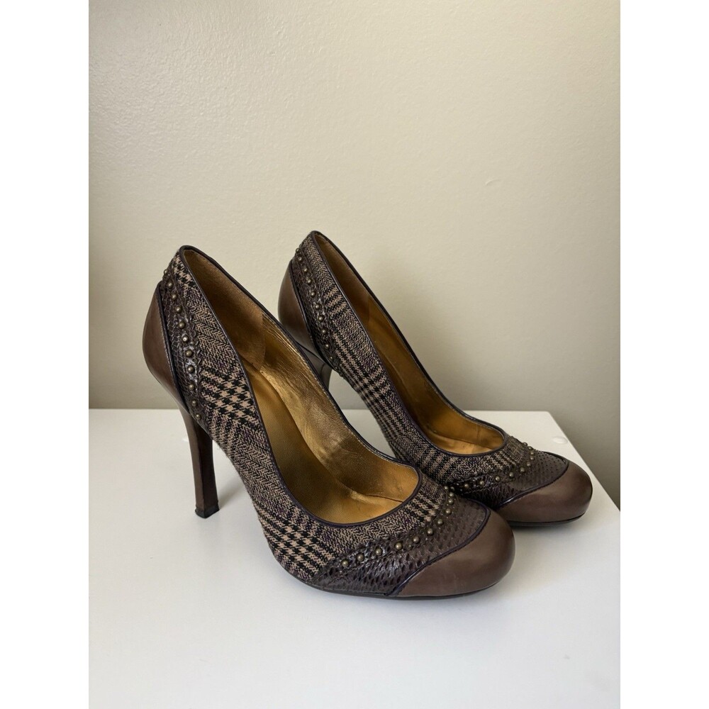 Guess by Marciano Y2K Plaid Tweed Pumps Womens 8M Brown Studded Round Toe Heels